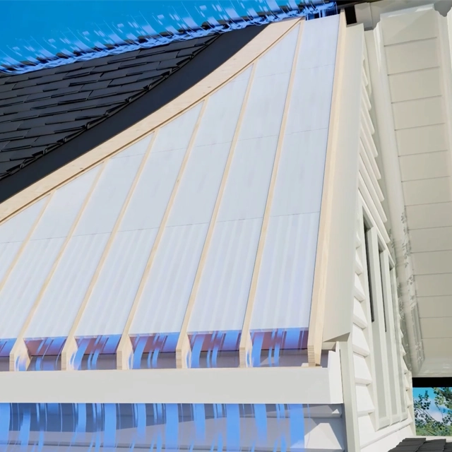 A roof showing a section with visible airflow to illustrate ventilation. The design includes slanted panels, wooden beams, and a window on a white house exterior.