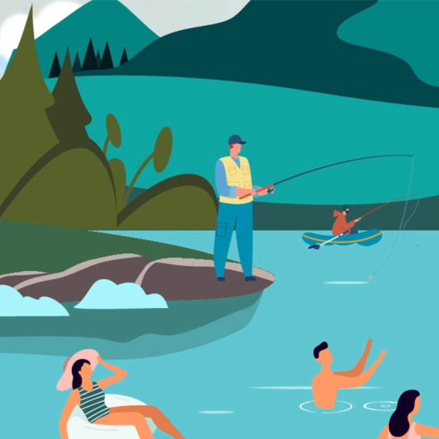 An illustration of people enjoying leisure activities by a lake, including fishing, swimming, and relaxing. Pines and mountains are in the background.